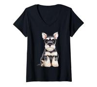 Mujer Miniatura Schnauzer Puppy Sketch Dibujo Arte Perro Amante Camiseta Cuello V