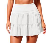 Mujer Minifalda con Pantalones Cortos Interiores de Malla Falda Corta de Malla Falda Plisada de Color Sólido con Cordón Escalonada Cintura Alta con Volantes Corta Fluida