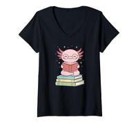 Mujer Minimal Axolotl Reading Books Cozy Bookworm Camiseta Cuello V