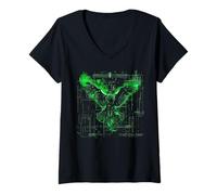 Mujer Minimalista Cyberpunk Fantasía Águila Arcano Verde Arte Japonés Camiseta Cuello V