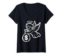 Mujer Minimalista Dinero Querubín - Ángel con Bolsa de dólar Camiseta Cuello V