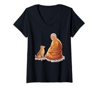 Mujer Minimalista Zen Art Peace Walking Monjes y Dog Mindfulness Camiseta Cuello V