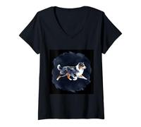 Mujer Mira los colores de agua del pastor alemán australiano Camiseta Cuello V