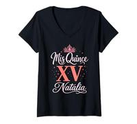 Mujer Mis Quince Natalia 15 Quinceañera Fiesta Mexicana Cumpleaños XV Camiseta Cuello V