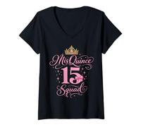 Mujer Mis Quince Squad Quinceañera Mexicana Fiesta XV Cumpleaños Camiseta Cuello V