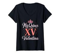 Mujer Mis Quince Valentina 15 Quinceañera Fiesta de Cumpleaños Mexicana Camiseta Cuello V