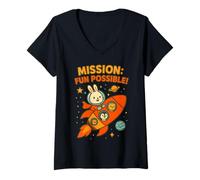 Mujer Misión Divertida Posible: Lindo Conejito Astronauta y tripulación Espacial Camiseta Cuello V