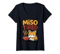Mujer Miso Cansado Arte Japonés Ramen Comida Humor Camiseta Cuello V