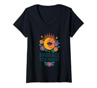 Mujer Mística Luna y Flores Boho Look con Ojo Que Todo lo ve Camiseta Cuello V