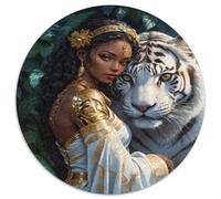 Mujer Mística y Tigre Blanco Puzzle de 1000 Piezas Redondo Papel Puzzle para Adultos Arte Fantasía Bosque