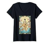 Mujer Mitología Japonesa Música Diosa Benzaiten Vitral Camiseta Cuello V