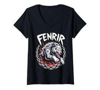 Mujer Mitología nórdica Fenrir de Odín Lobo nórdico Vikingo Celta Camiseta Cuello V