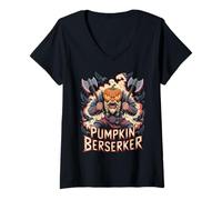 Mujer Mitología nórdica Halloween - Berserker Vikingo de Calabaza Camiseta Cuello V