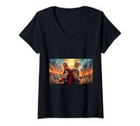 Mujer mitología Odin y Thor Los Dioses marchan hacia la Batalla Final Camiseta Cuello V