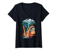 Mujer Mochila Aventura Cascada Bosque Mapa Brújula Naturaleza Camiseta Cuello V