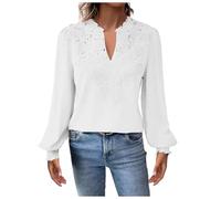 Mujer Moda Sólido Cuello en V Encaje Manga Larga Casual Simple y Cómoda Camiseta Top Pantalones Mujer Verano, Blanco, M