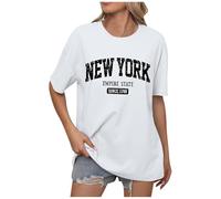 Mujer Moda Verano Casual Inglés Impresión Letra Hombro Suelto Cuello Redondo Manga Corta Camiseta Top Peto Negro Mujer, Blanco, L