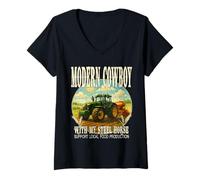 Mujer MODERN COWBOY WITH MY STEEL HORSE apoya comida local. Camiseta Cuello V