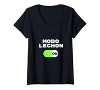 Mujer Modo Lechon en Español Latino Comida Música Bloque Fiesta Camiseta Cuello V