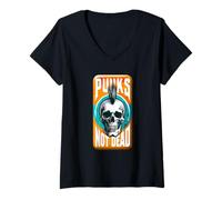 Mujer Mohawk Punks no está muerto, música rock, Mohican Skull Retro Camiseta Cuello V