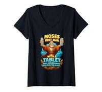 Mujer Moisés Primer Hombre con Una Tableta Cristo Biblia Evangelio Datos Nube Camiseta Cuello V