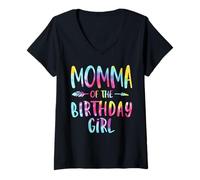 Mujer Momma of The Birthday for Girl Tie Dye Colorido Bday Girl Camiseta Cuello V