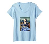 Mujer Mona Lisa at The Sewing Machine Camiseta Cuello V, Azul Bebé, M