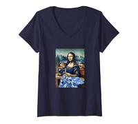 Mujer Mona Lisa at The Sewing Machine Camiseta Cuello V, Azul Marino, S