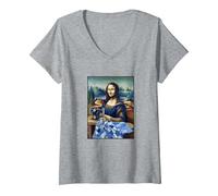 Mujer Mona Lisa at The Sewing Machine Camiseta Cuello V, Gris Jaspeado, M