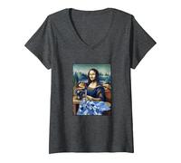 Mujer Mona Lisa at The Sewing Machine Camiseta Cuello V, Jaspeado Oscuro, XL