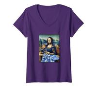 Mujer Mona Lisa at The Sewing Machine Camiseta Cuello V, Morado, M