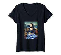Mujer Mona Lisa at The Sewing Machine Camiseta Cuello V, Negro, XL