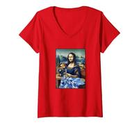 Mujer Mona Lisa at The Sewing Machine Camiseta Cuello V, Rojo, XXL