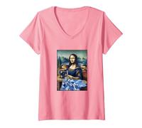 Mujer Mona Lisa at The Sewing Machine Camiseta Cuello V, Rosado, S