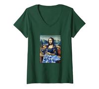 Mujer Mona Lisa at The Sewing Machine Camiseta Cuello V, Verde Bosque, XXL