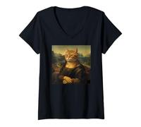 Mujer Mona Lisa Cat, Obra de Arte de la Parodia renacentista de Leonardo Davinci Camiseta Cuello V