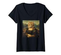 Mujer Mona Lisa Cat, Obra de Arte de la Parodia renacentista de Leonardo Davinci Camiseta Cuello V