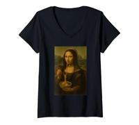 Mujer Mona Lisa Comiendo Ramen Arte Divertido Fideos Foodie Mashup Camiseta Cuello V