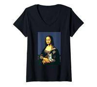 Mujer Mona Lisa con Cat Parody Art Classic Camiseta Cuello V