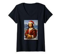 Mujer Mona Lisa con Sombrero de Papá Noel para Profesora de Arte Mona Lisa Navidad Camiseta Cuello V