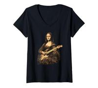 Mujer Mona Lisa Tocando la Guitarra eléctrica Retro Rock Music Superstar Camiseta Cuello V