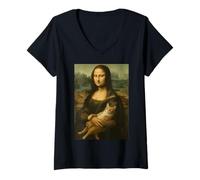 Mujer Monalisa con gato divertido dueño de gato amante Lisa Holding Kitty Camiseta Cuello V