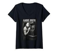 Mujer Monja tatuada aplastando botones en arcade Camiseta Cuello V