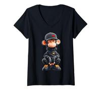 Mujer Monkey Cartoon Cute Kawaii Animal Lover Motif Hombres Mujeres Camiseta Cuello V