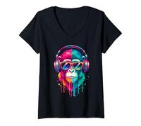 Mujer Mono con Auriculares y Gafas de Sol EDM Rave Chimp Art Camiseta Cuello V