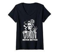 Mujer Moño desordenado Bebiendo café Nunca Mejor Mujer Esqueleto Camiseta Cuello V