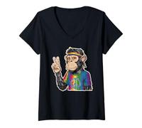Mujer Mono hippie con diadema y signo de paz teñido anudado Camiseta Cuello V