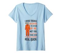 Mujer Mono Naranja con Texto en inglés I Avoid Trouble Because I'm Afraid of Me Camiseta Cuello V