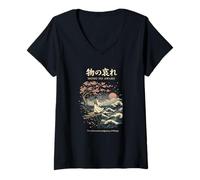 Mujer Mono No Aware Arte japonés de Las Olas del océano en Flor de Cerezo Camiseta Cuello V