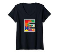 Mujer Monograma E en Piezas de Rompecabezas Multicolor V2 Camiseta Cuello V